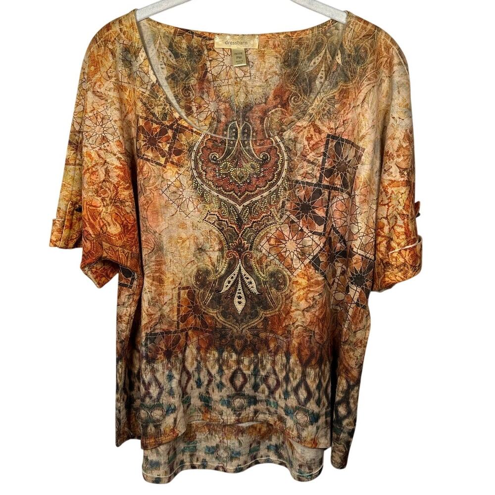 DressBarn Orange Printed Abstract Rhinestone Embellished Top Women's Petite M